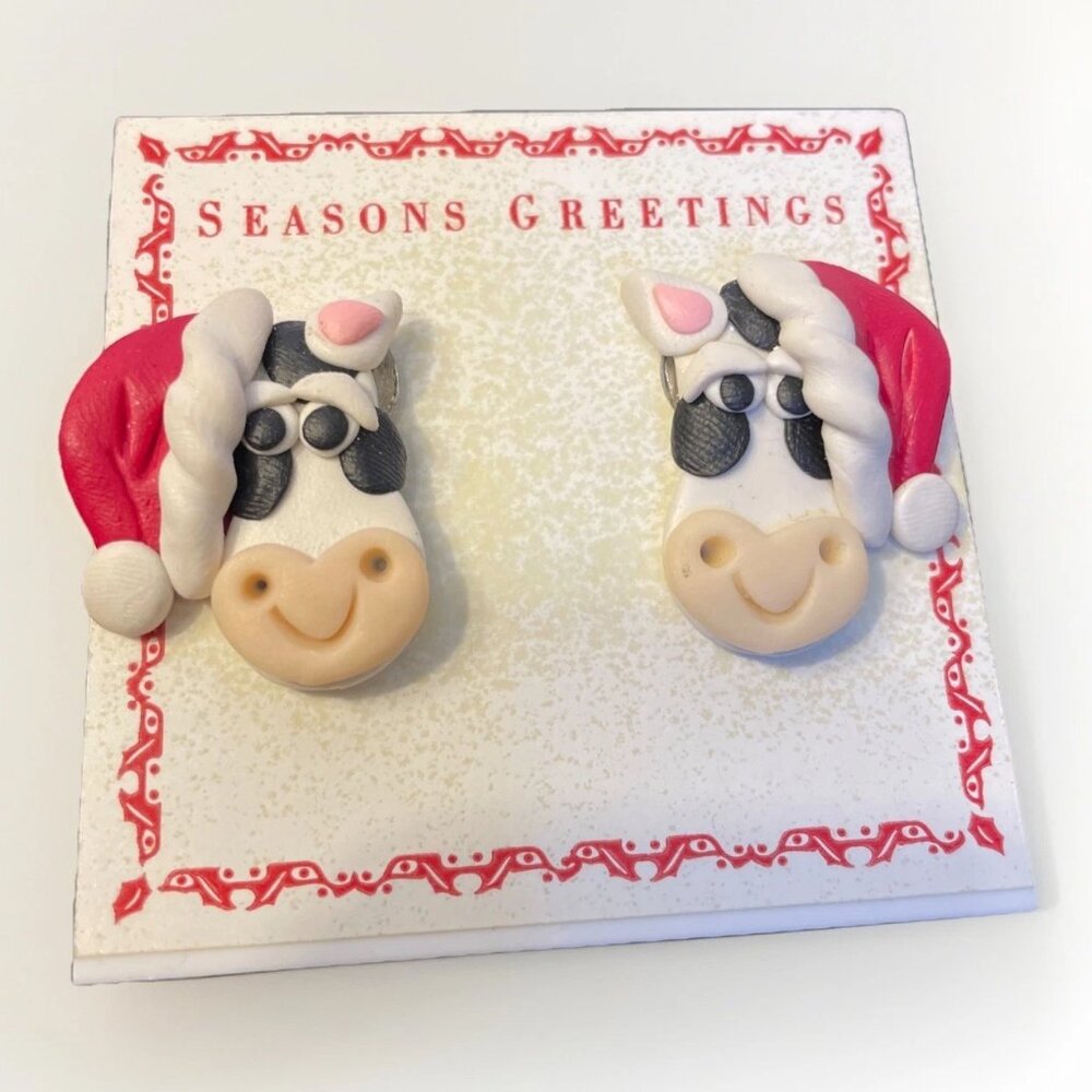 Christmas Cow Clay Earrings Handmade Holiday Bovine Studs Unique Festive Pierced